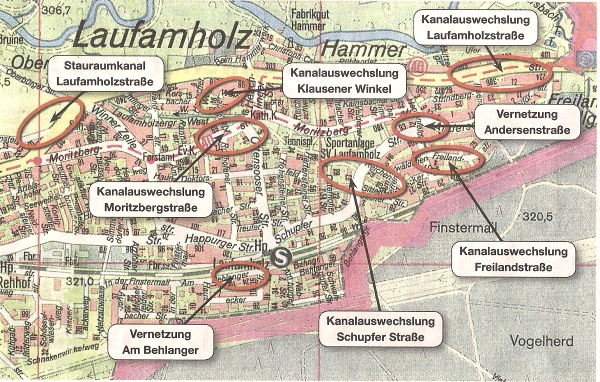 Karte von Laufamholz mit den Stellen der Kanalbauarbeiten